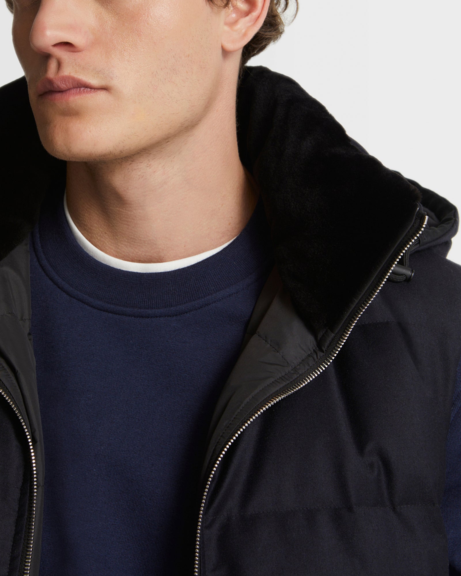 Loro Piana fabric down gilet with mink trim - navy - Yves Salomon