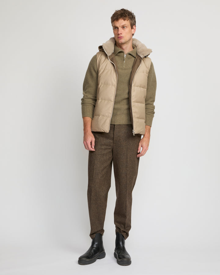 Down Gilet made with Loro Piana fabric with mink fur trim