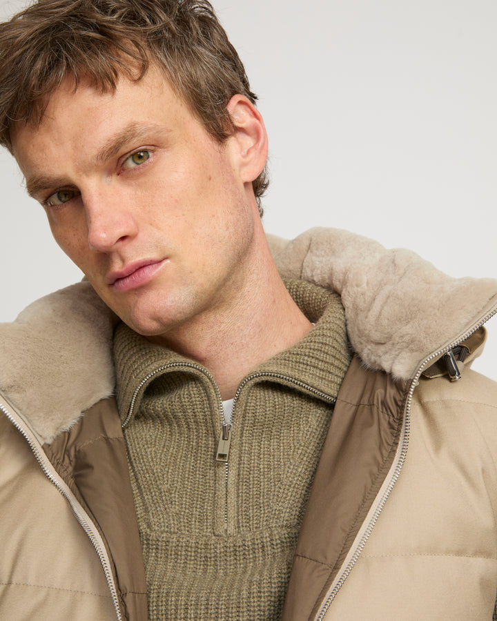Down Gilet made with Loro Piana fabric with mink fur trim