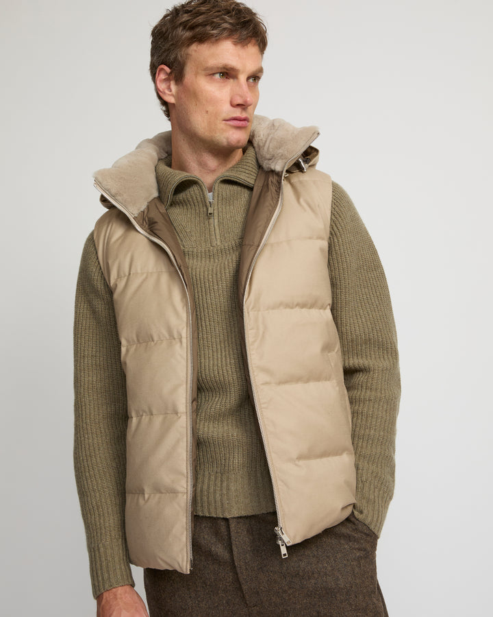 Down Gilet made with Loro Piana fabric with mink fur trim