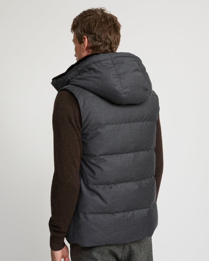 Down Gilet made with Loro Piana fabric with mink fur trim