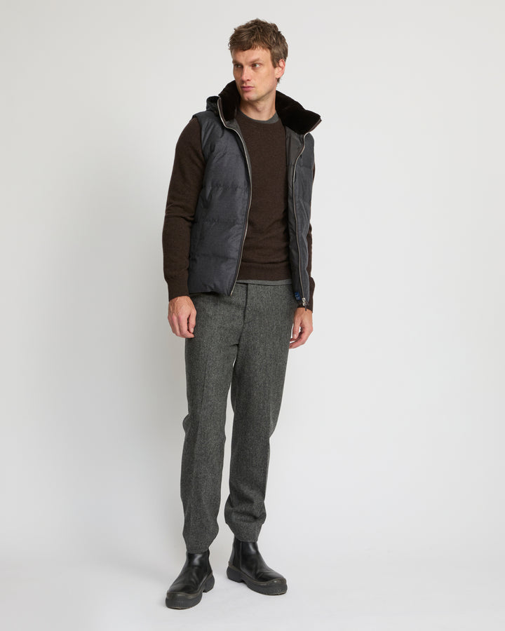 Down Gilet made with Loro Piana fabric with mink fur trim