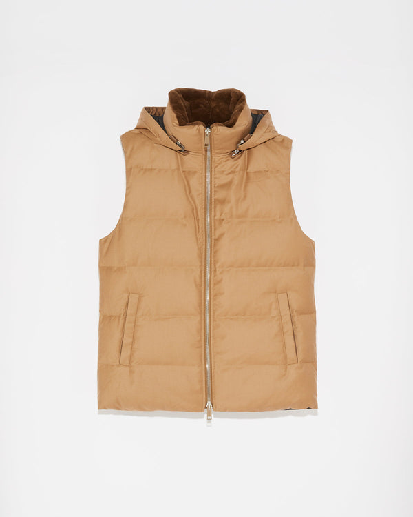 Loro Piana fabric down gilet with mink trim - brown - Yves Salomon Men