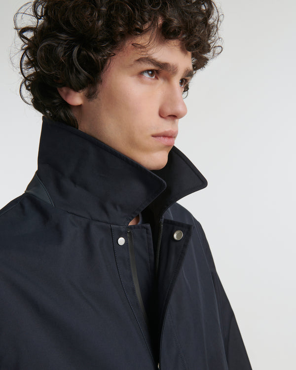 Mac coat in double-sided fabric with leather details - blue - Yves Salomon