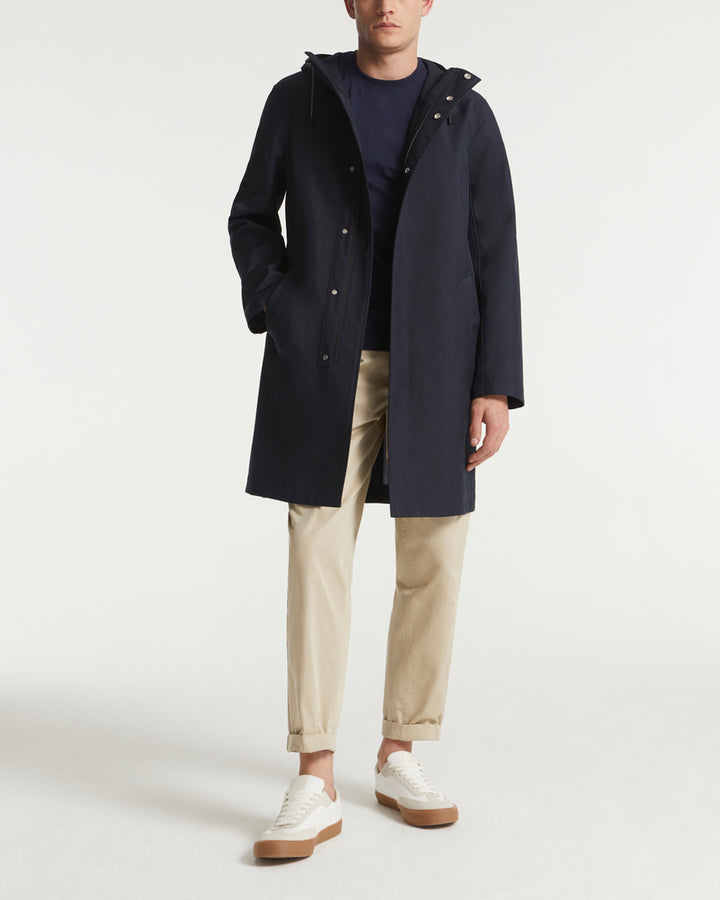 Hooded coat in double-sided fabric with leather details