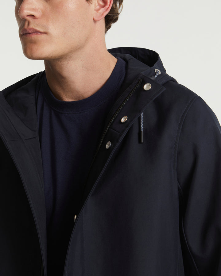 Hooded coat in double-sided fabric with leather details