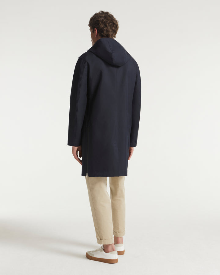 Hooded coat in double-sided fabric with leather details - blue - Yves Salomon