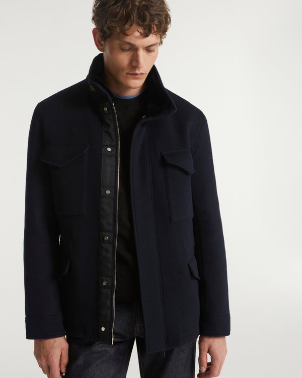 Field jacket in double-sided wool-cashmere with mink trim - navy - Yves Salomon