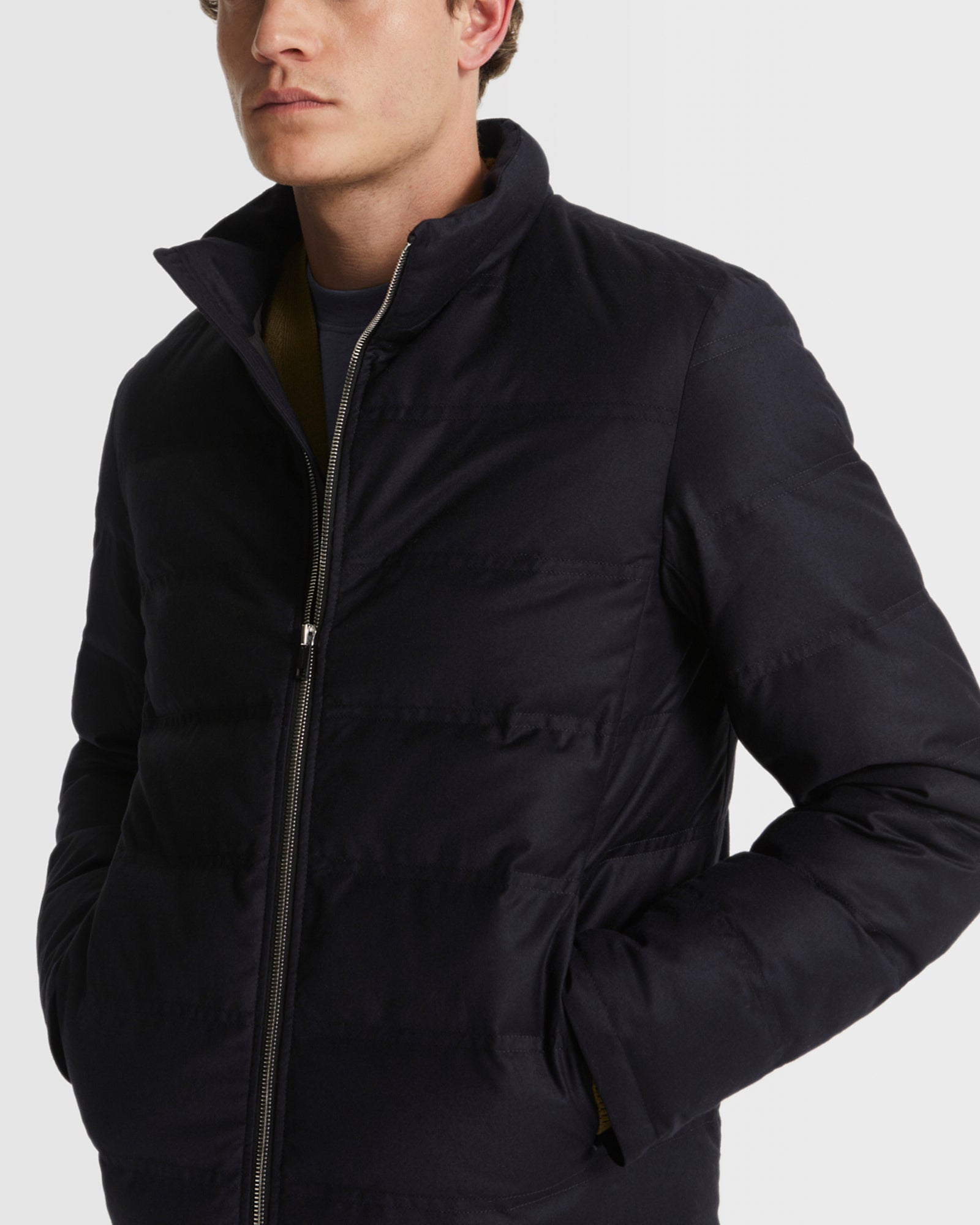 Collar down jacket in Loro Piana fabric - navy - Yves Salomon