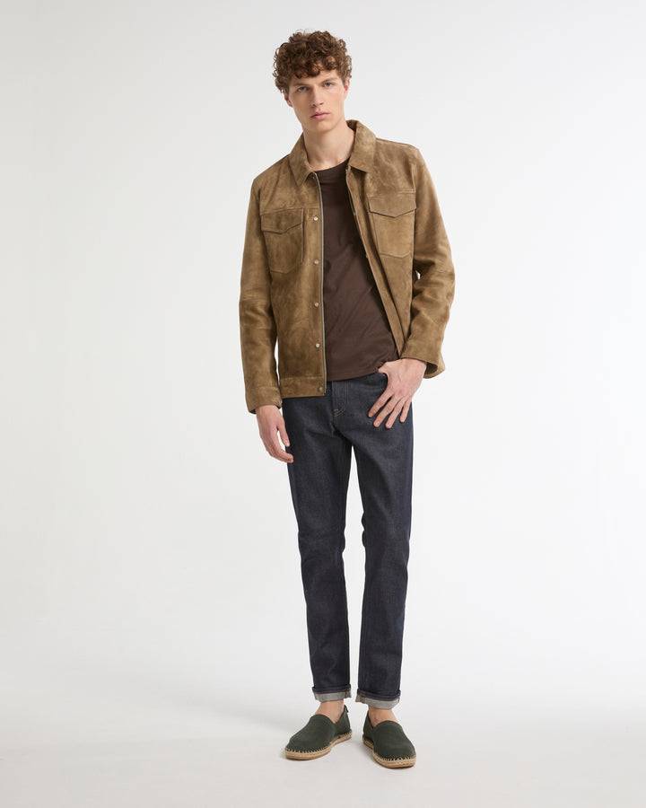 Suede-finish calfskin denim jacket
