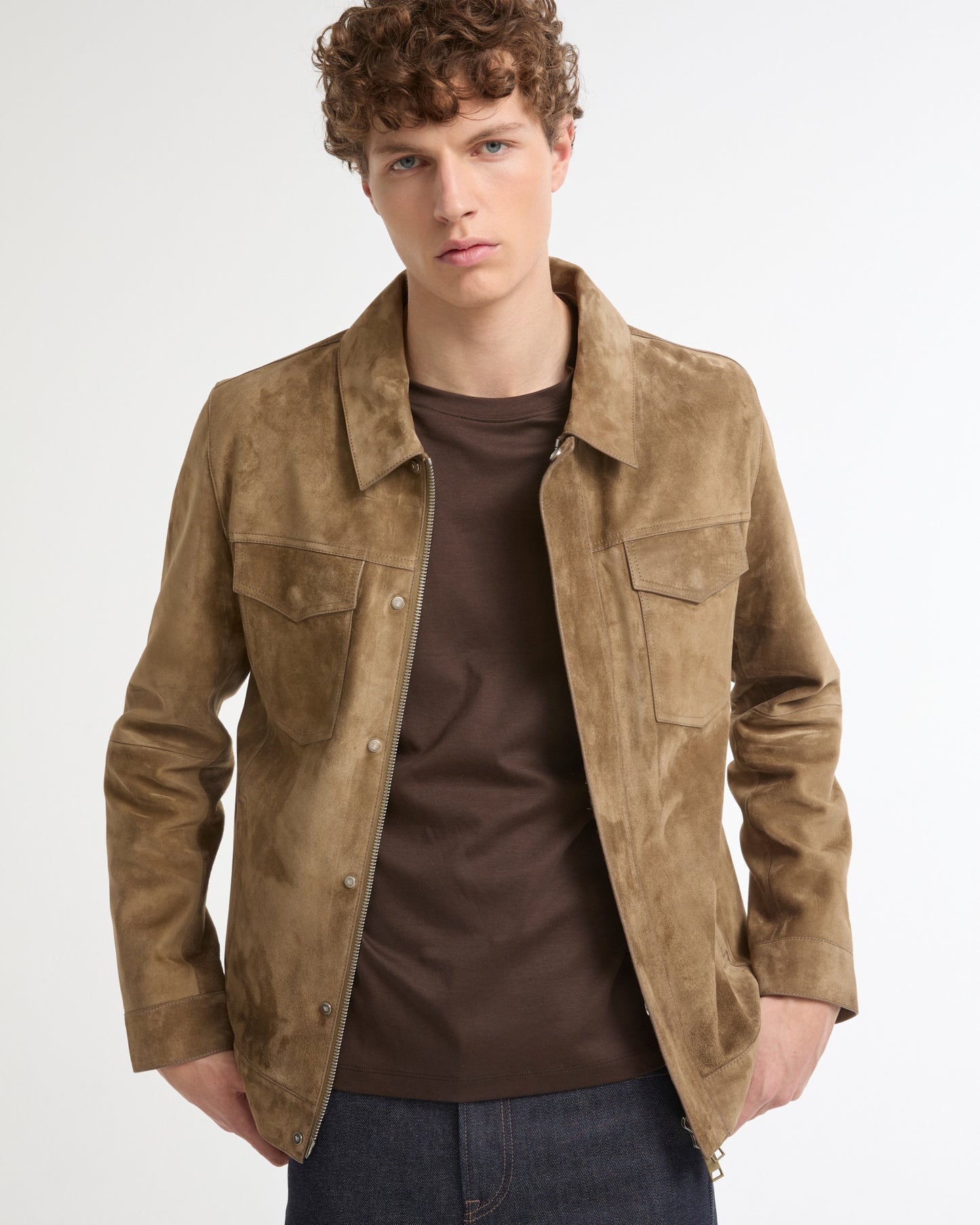 Suede-finish calfskin denim jacket