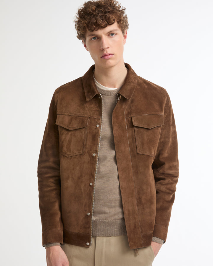 Suede-finish calfskin denim jacket