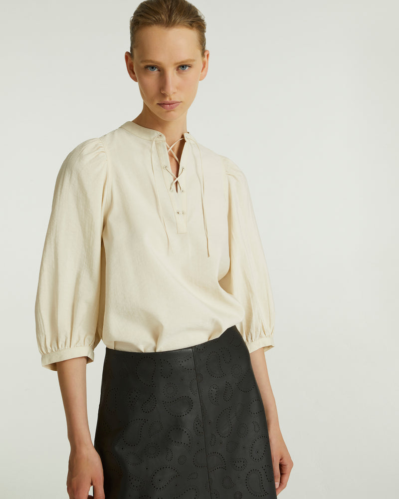 Silk seersucker tie blouse - beige - Yves Salomon