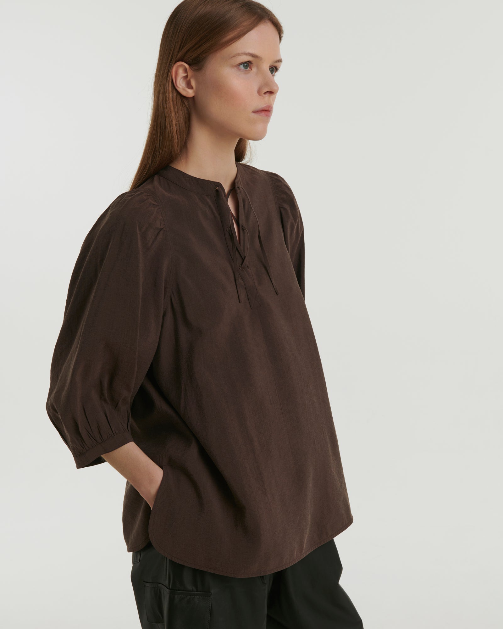 Silk seersucker tie blouse - brown - Yves Salomon