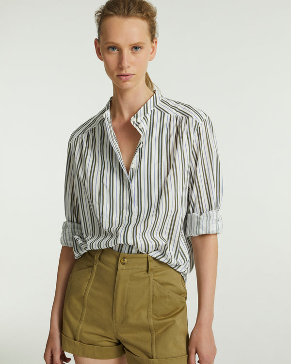Striped cotton poplin shirt - white/khaki/blue stripes - Yves Salomon
