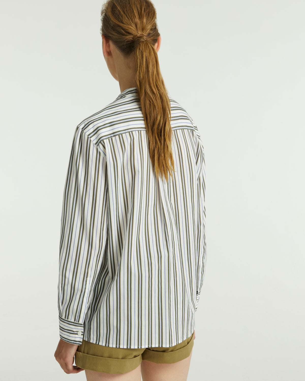 Striped cotton poplin shirt - white/khaki/blue stripes - Yves Salomon