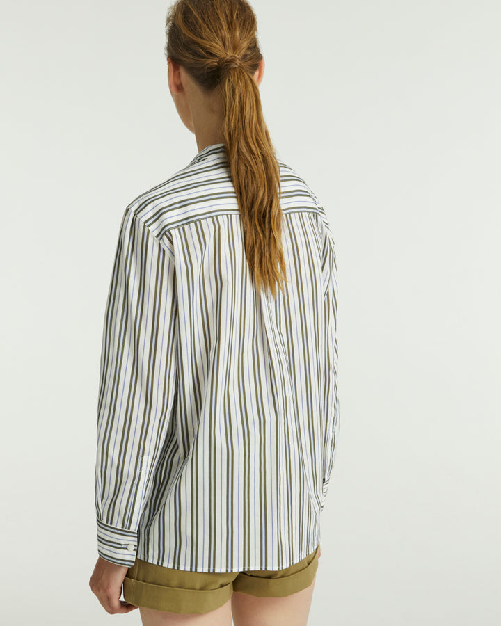 Striped cotton poplin shirt - white/khaki/blue stripes - Yves Salomon