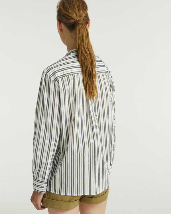 Striped cotton poplin shirt - white/khaki/blue stripes - Yves Salomon