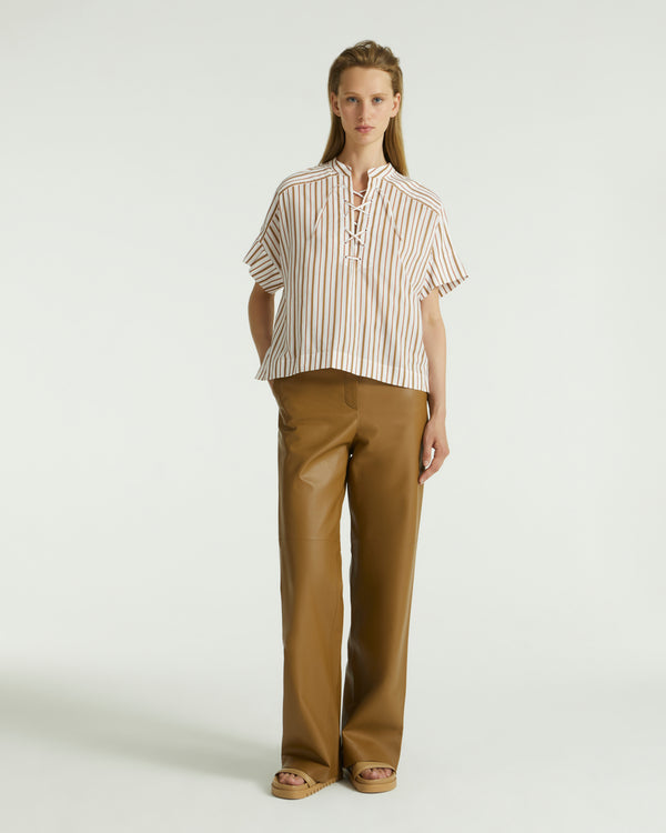 Striped cotton poplin blouse - white/pink/brown stripes - Yves Salomon