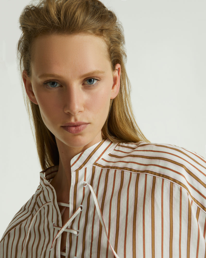 Striped cotton poplin blouse - white/pink/brown stripes - Yves Salomon