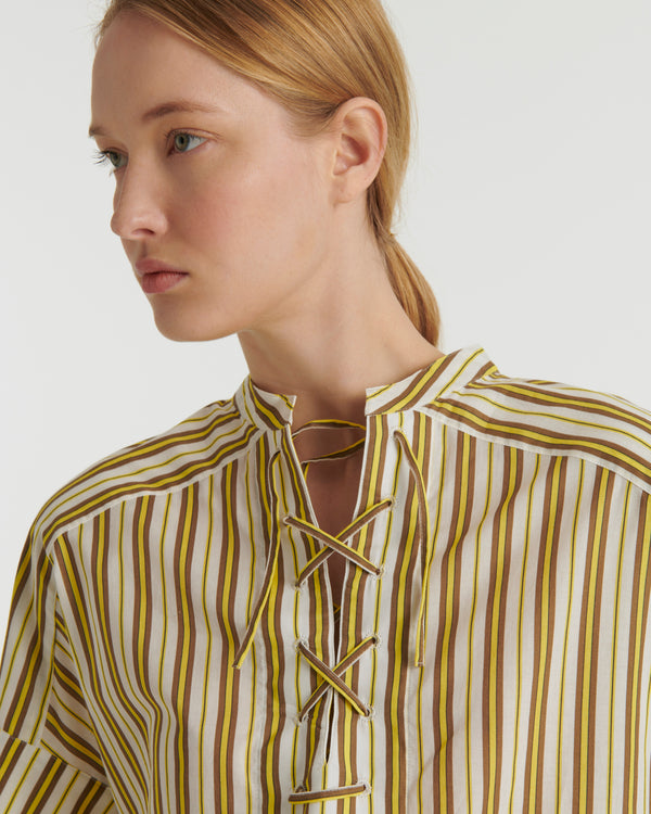 Striped cotton poplin blouse - white/yellow/brown stripes - Yves Salomon