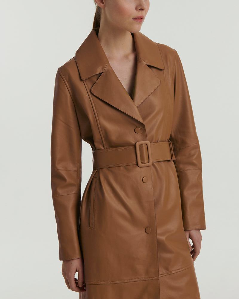 Long lamb leather trench coat