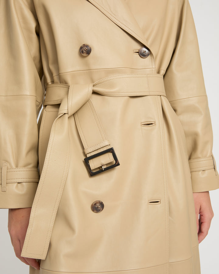 Long belted trench coat in lamb leather