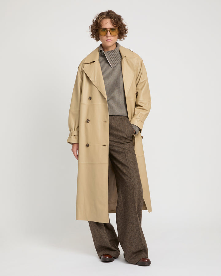 Long belted trench coat in lamb leather