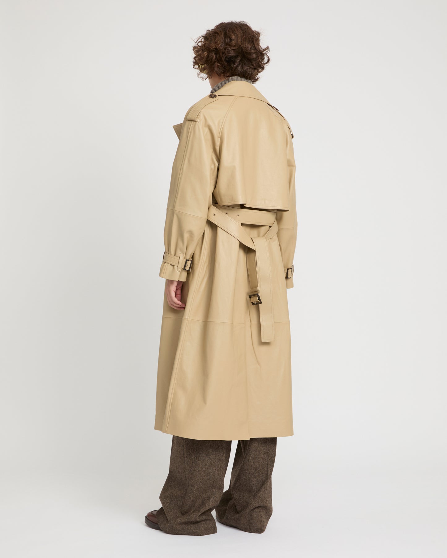Long belted trench coat in lamb leather