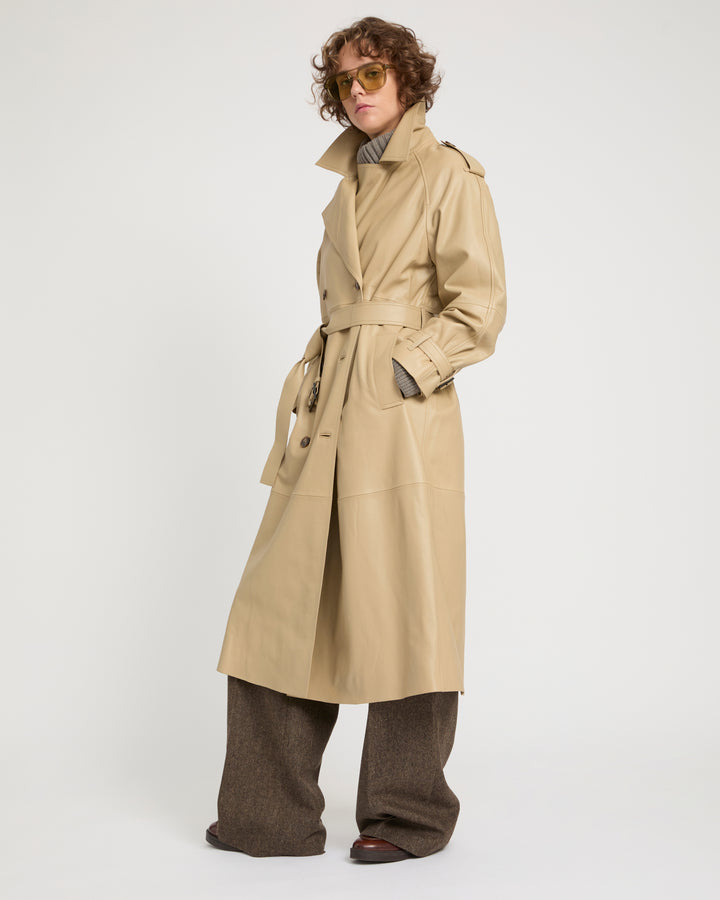 Long belted trench coat in lamb leather