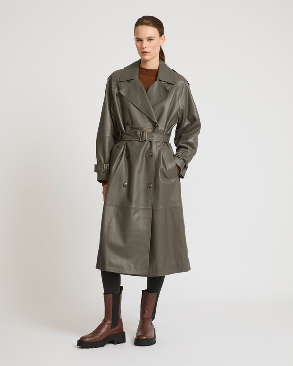 Long belted trench coat in lamb leather - grey - Yves Salomon