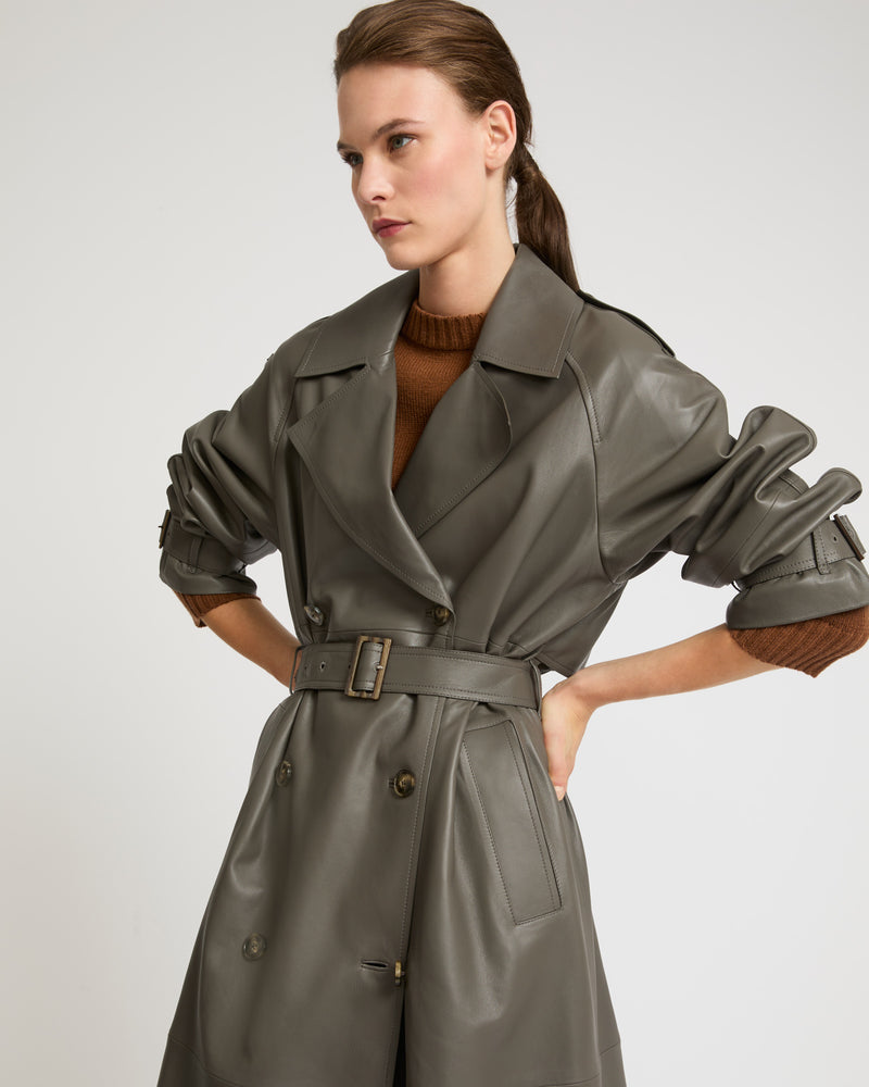 Long belted trench coat in lamb leather - grey - Yves Salomon