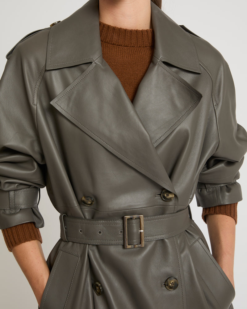 Long belted trench coat in lamb leather - grey - Yves Salomon