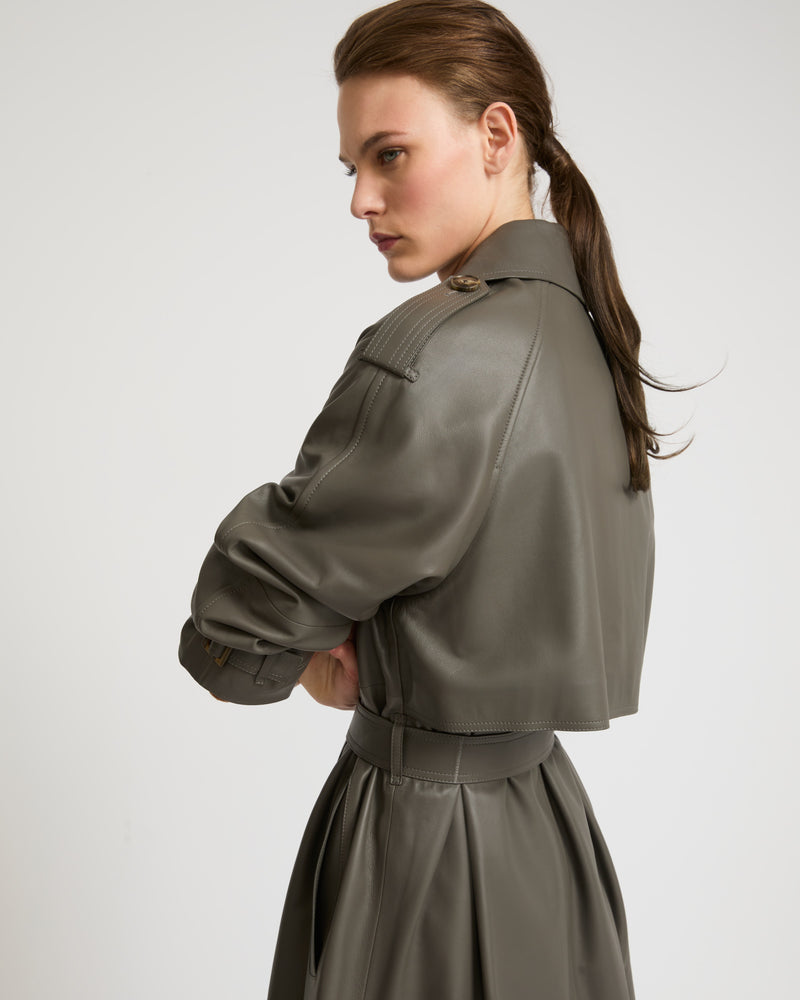 Long belted trench coat in lamb leather - grey - Yves Salomon