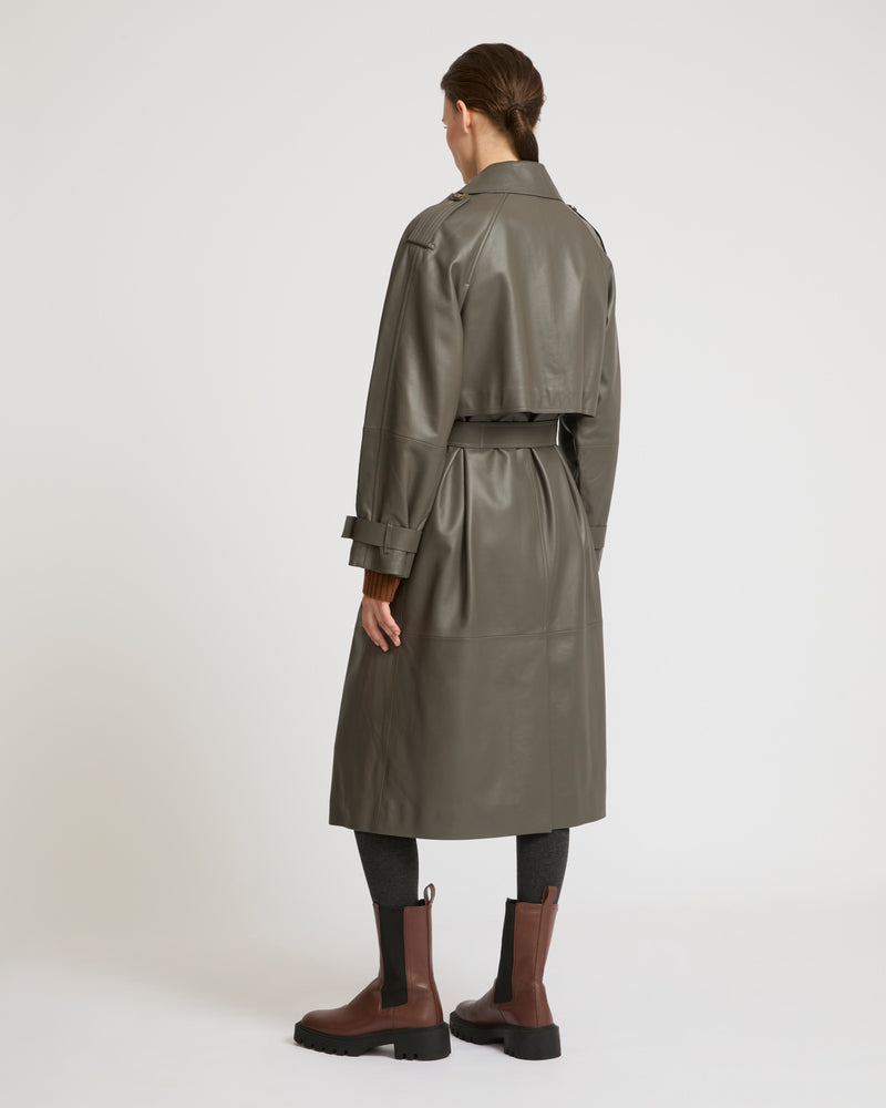 Long belted trench coat in lamb leather - grey - Yves Salomon