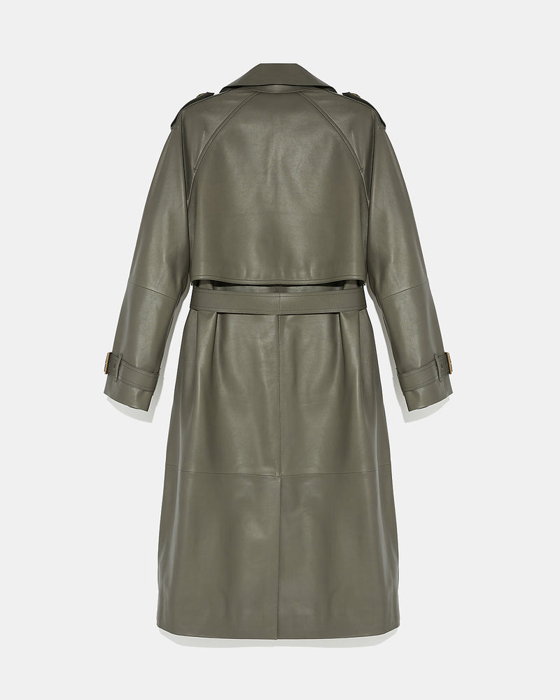 Long belted trench coat in lamb leather - grey - Yves Salomon