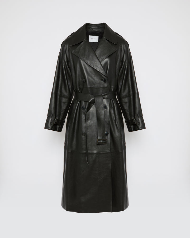 Long belted trench coat in lamb leather