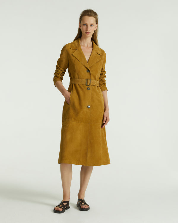 Long belted coat in double-sided velour lamb leather - brown - Yves Salomon