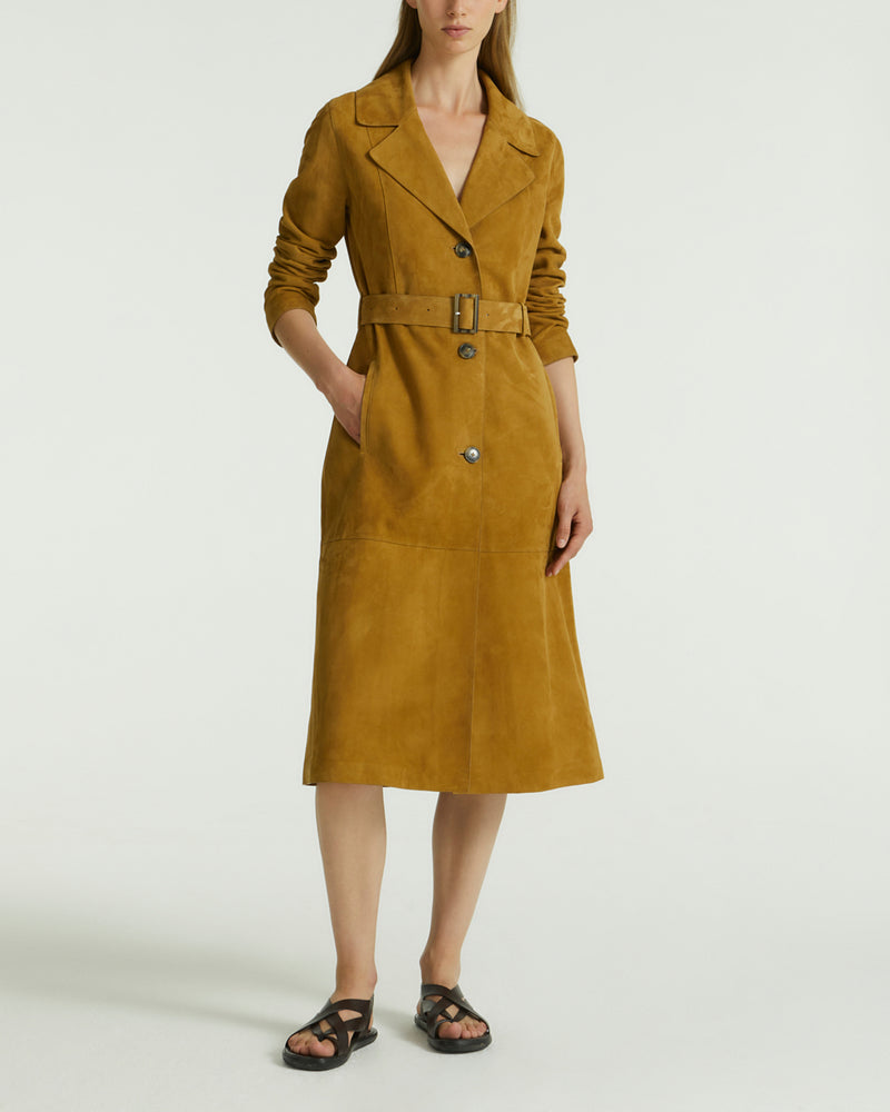 Long belted coat in double-sided velour lamb leather