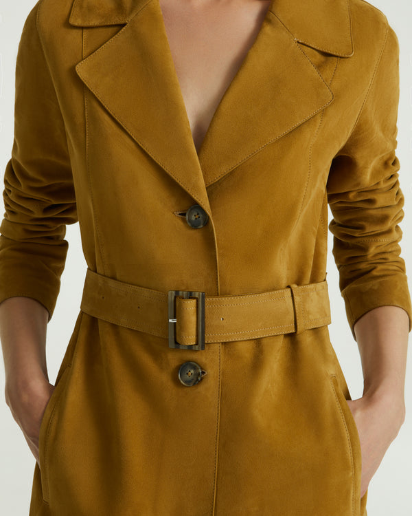Long belted coat in double-sided velour lamb leather - brown - Yves Salomon