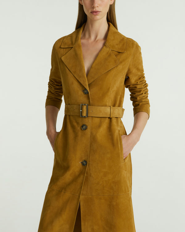 Long belted trench coat in double-sided velour lamb leather