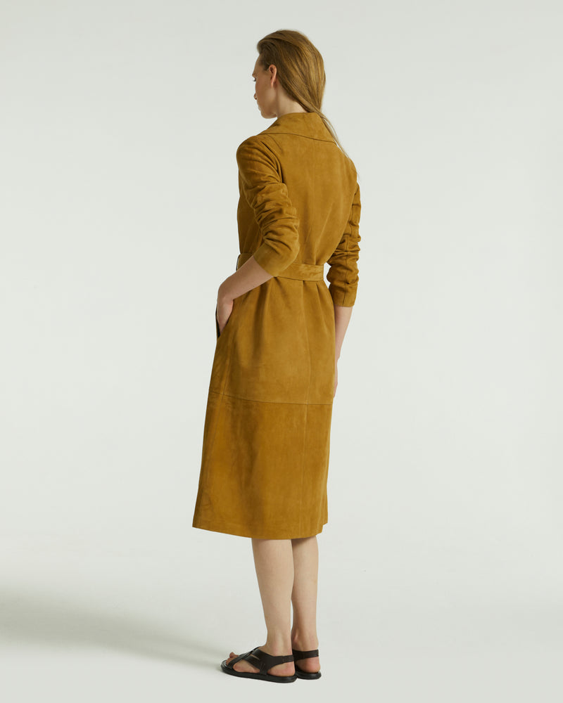 Long belted coat in double-sided velour lamb leather