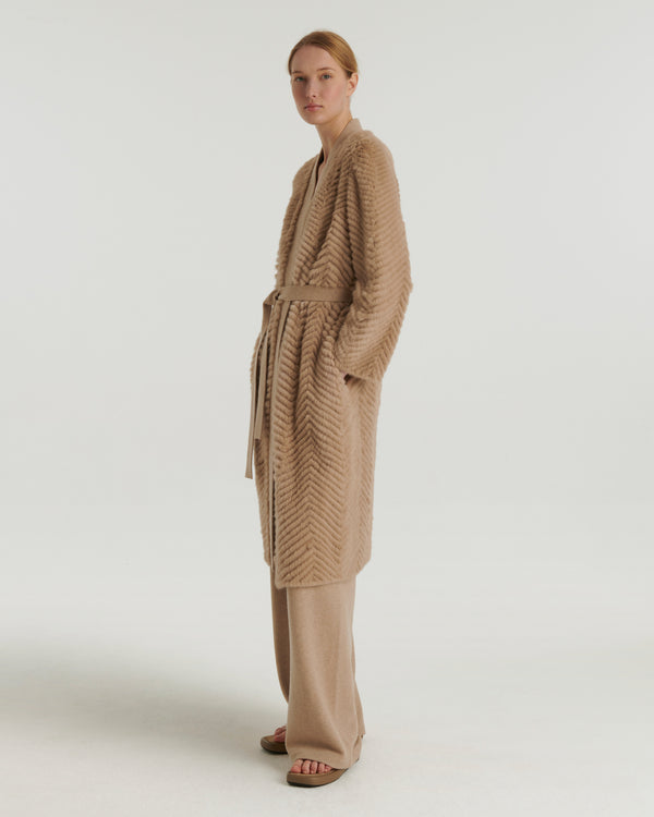 Merino knit and mink long cardigan - beige - Yves Salomon