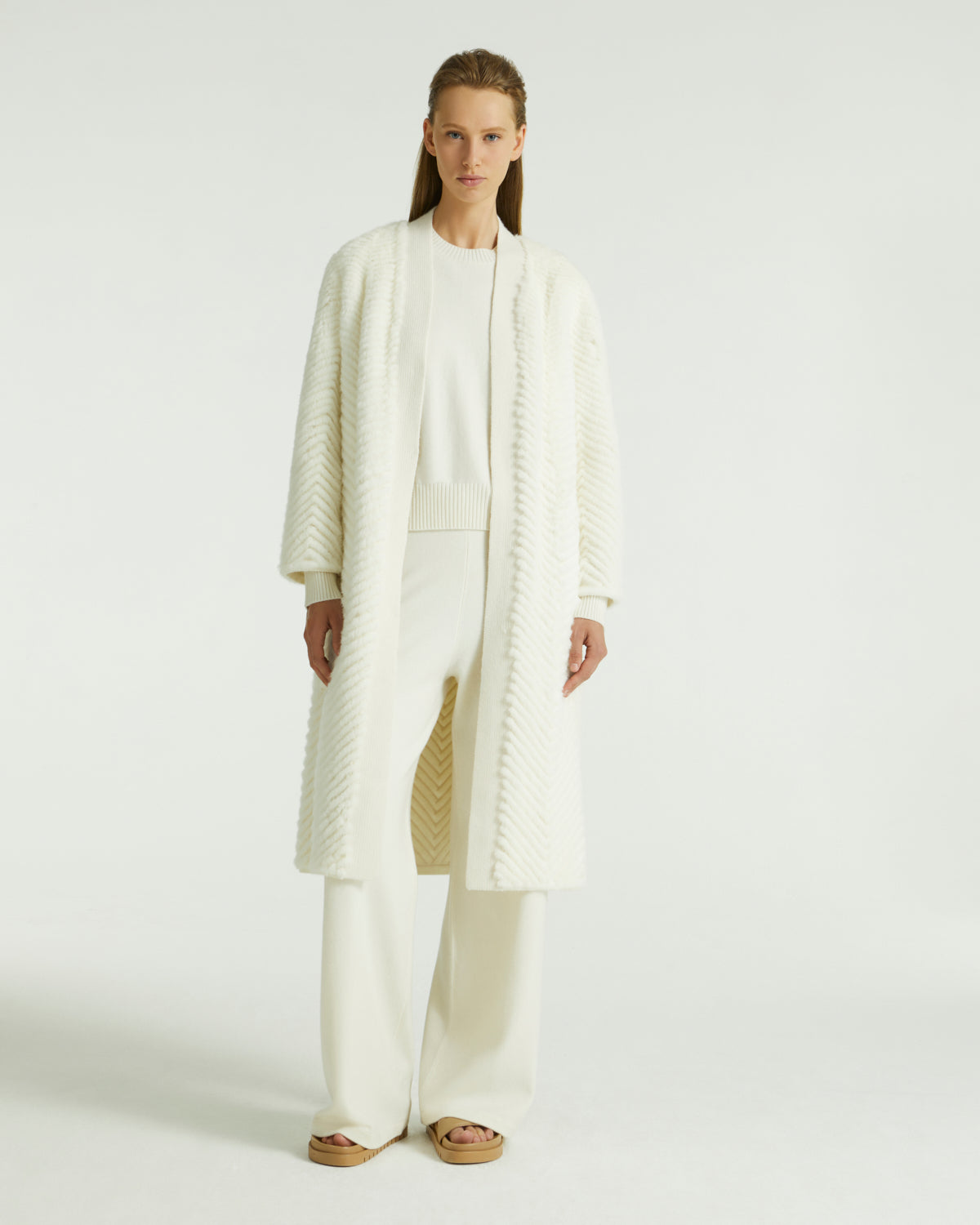 Merino knit and mink long cardigan - white - Yves Salomon