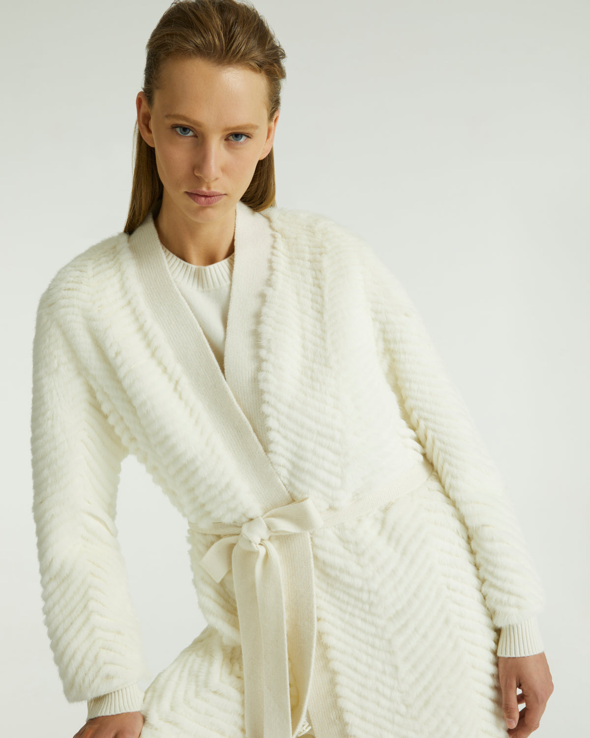 Merino knit and mink long cardigan - white - Yves Salomon