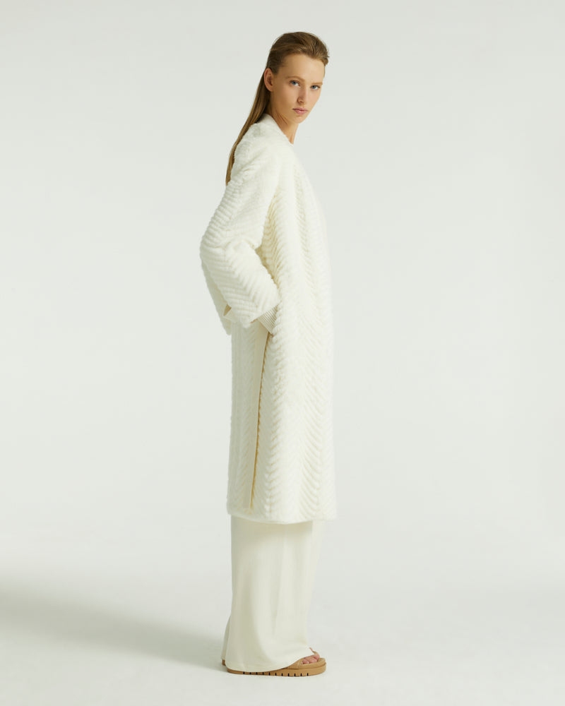 Merino knit and mink long cardigan - white - Yves Salomon