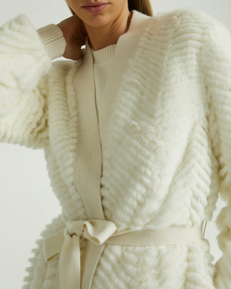 Merino knit and mink long cardigan - white - Yves Salomon