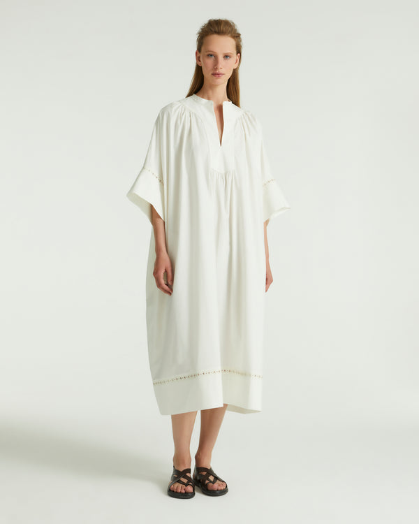 Cotton poplin dress with leather inserts - white - Yves Salomon