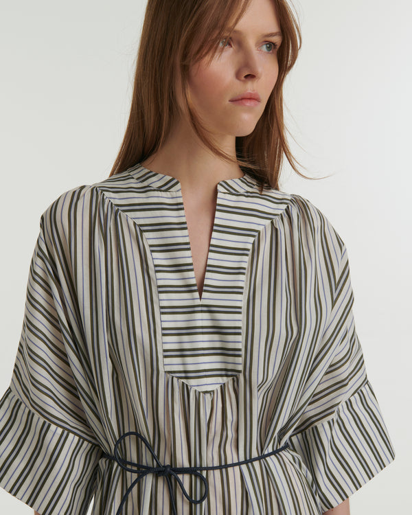 Striped cotton poplin dress - white/khaki/blue stripes - Yves Salomon