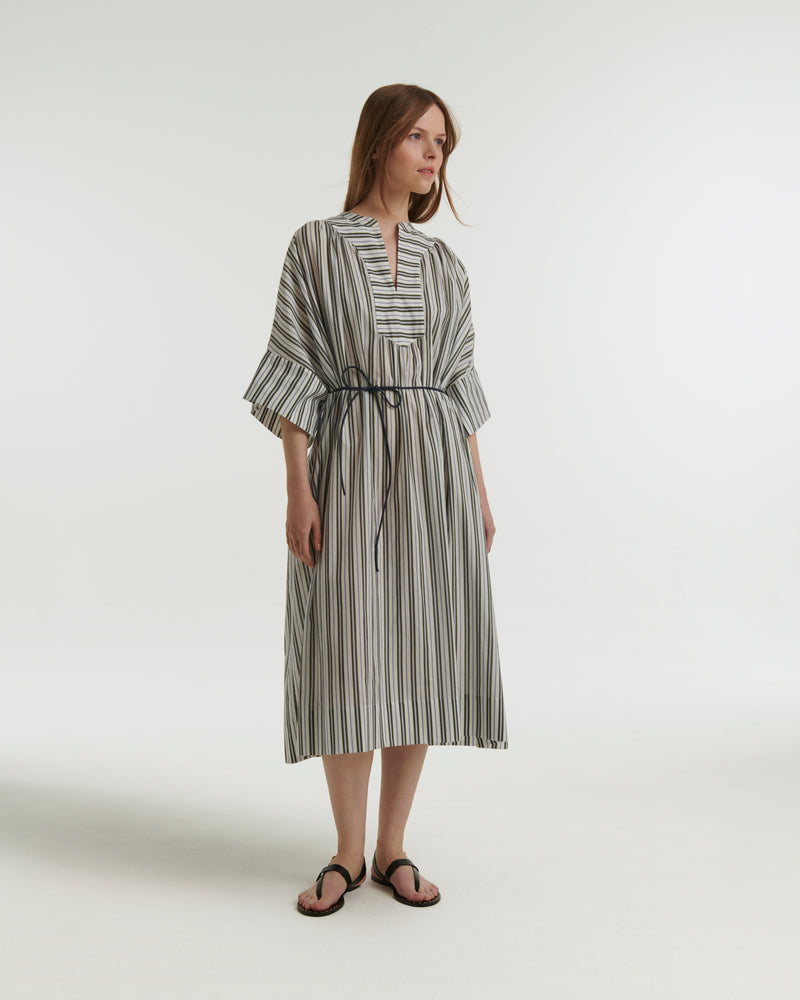 Striped cotton poplin dress - white/khaki/blue stripes - Yves Salomon
